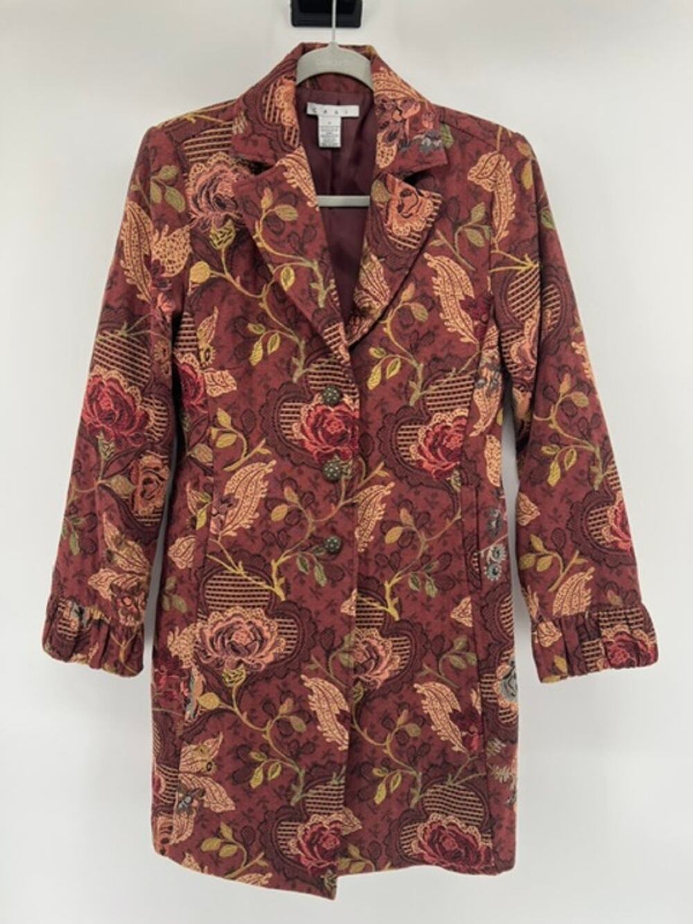 Cabi Jacobean Floral Tapestry Brocade Coat Womens 6 Guinevere ArttoWear Mulberry